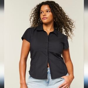 🔥 HOLLISTER S/S Navy Stretch Poplin Button-Up Shirt~Tie Back Sz Medium Y2K